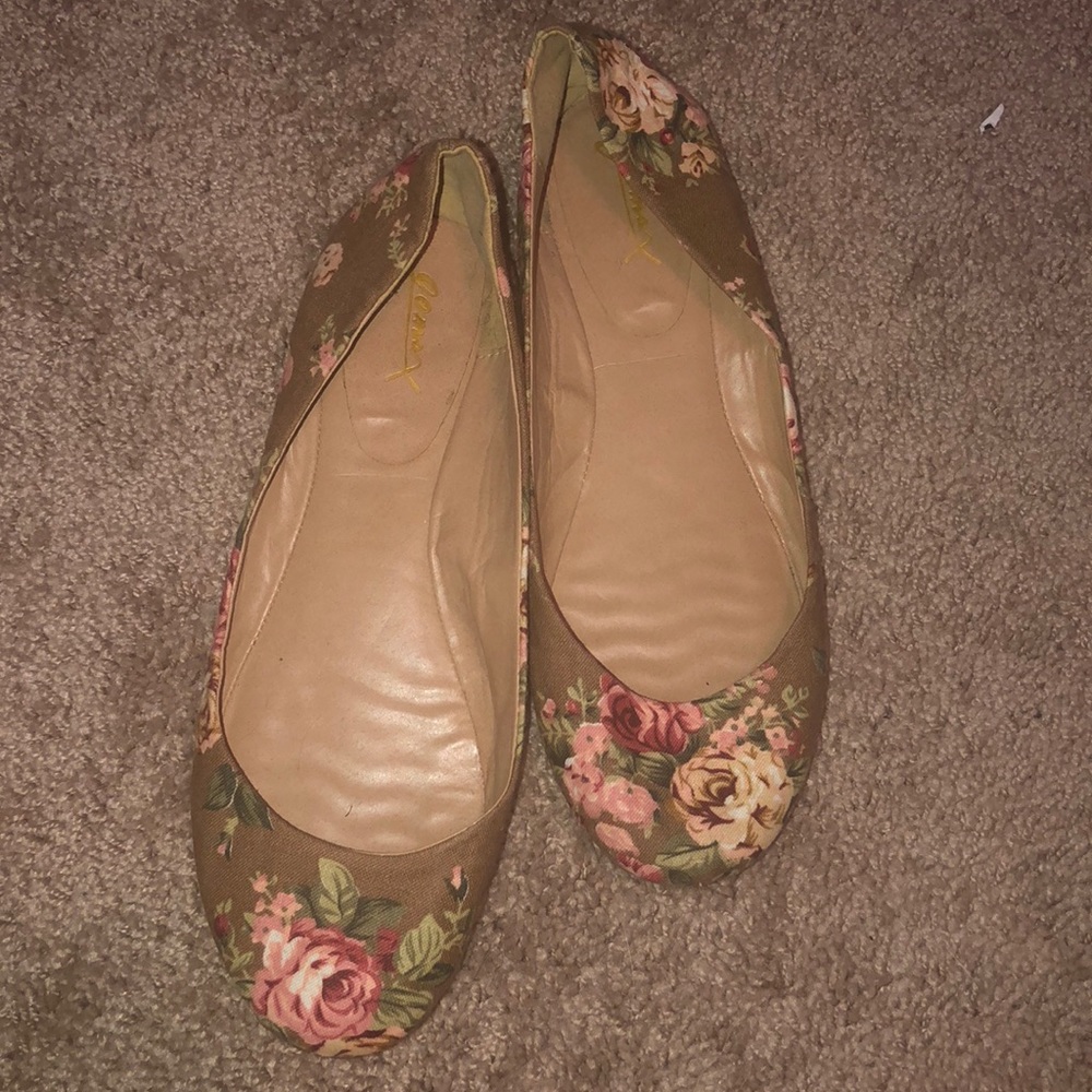 Brown and pink floral flats